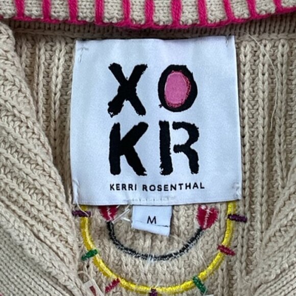 Anthropology NWT Kerri Rosenthal Beige Smiley Face Stitch Hooded Cardigan Medium - Picture 8 of 14